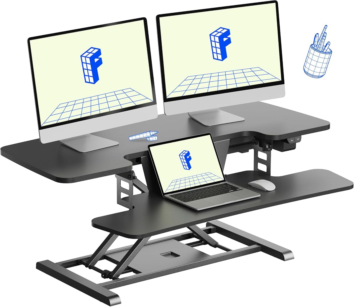 40" Electric Standing Desk Converter, Height Adjustable Riser, Sit to Stand Monitor and Laptop Workstation with Wide Keyboard Tray, Black