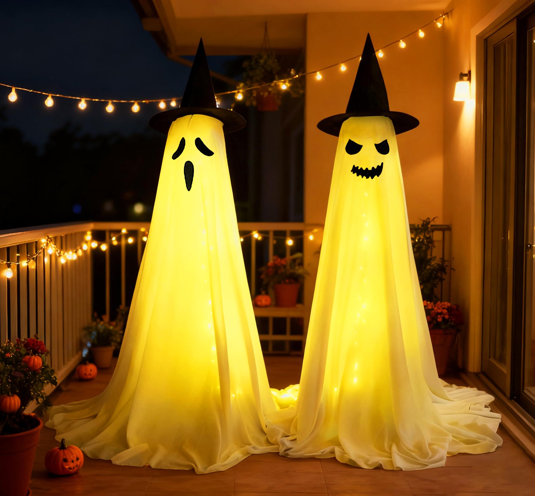 Décoration Halloween LED suspendue et chapeau sorcière lumineux extérieur