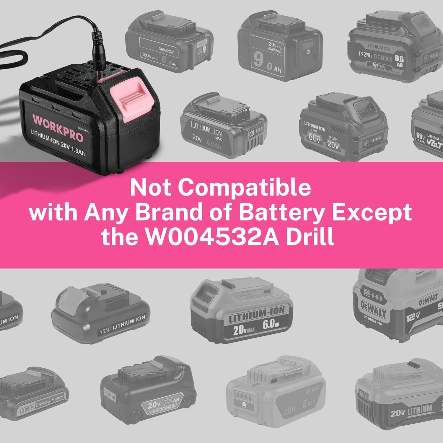 WORKPRO Replacement Charger Cord Only Compatible with WORKPRO Pink Cordless 20V Lithium-ion Drill Driver (Model: W004532A)