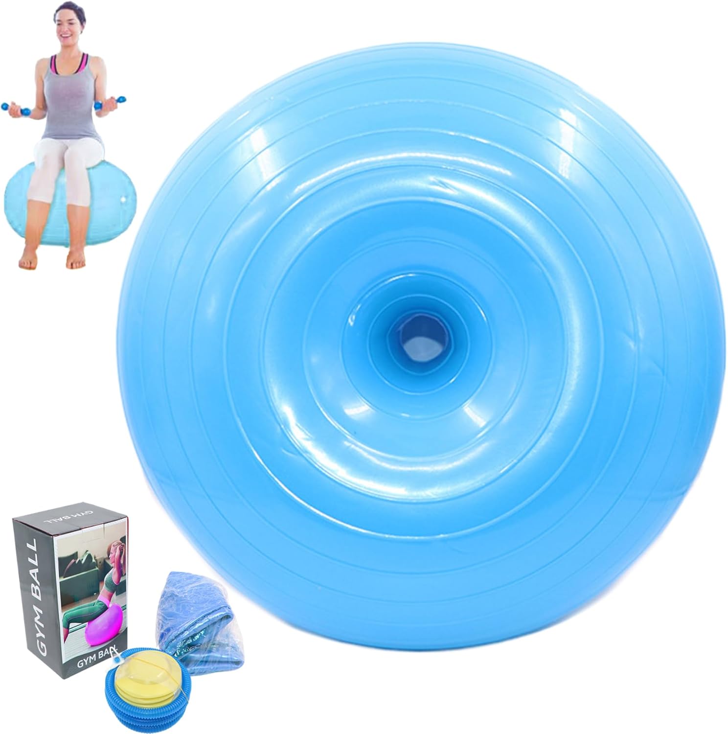 Fitness Ball Inflatable Doughnut Exercise Ball Anti-Burst Stability Ball Donut Ball with Inflator Heavy Duty Chair Cushion Seat for Balancing & Stability Training Workout Blue, Stability Balls