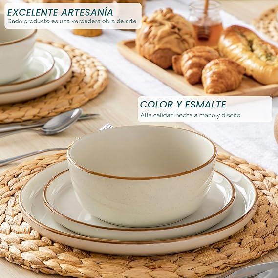 vancasso RENO Complete Dinnerware Set 6 People, 18 Stoneware Pieces Dinnerware – 6 Dinner Plates, 6 Dessert Plates and 6 Bowls – Glazed Reactive in Light Beige, Dishwasher/Microwave Safe