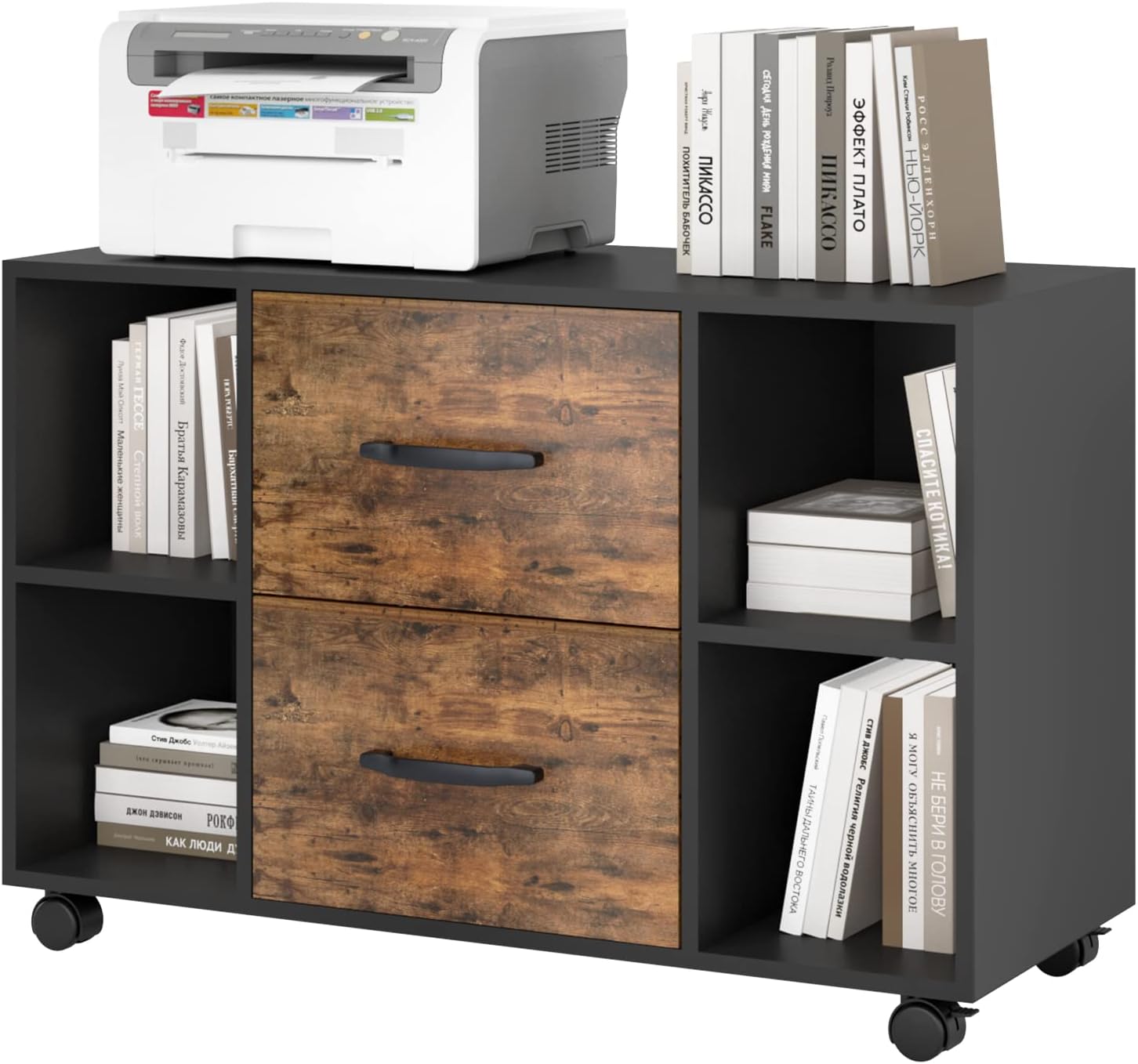soges 2 Drawer Mobile Lateral File Cabinet, Office Filing Cabinet,Rolling Storage Cabinet, Printer Stand with Open Storage Shelves and Wheels, CXWL-FC07BT