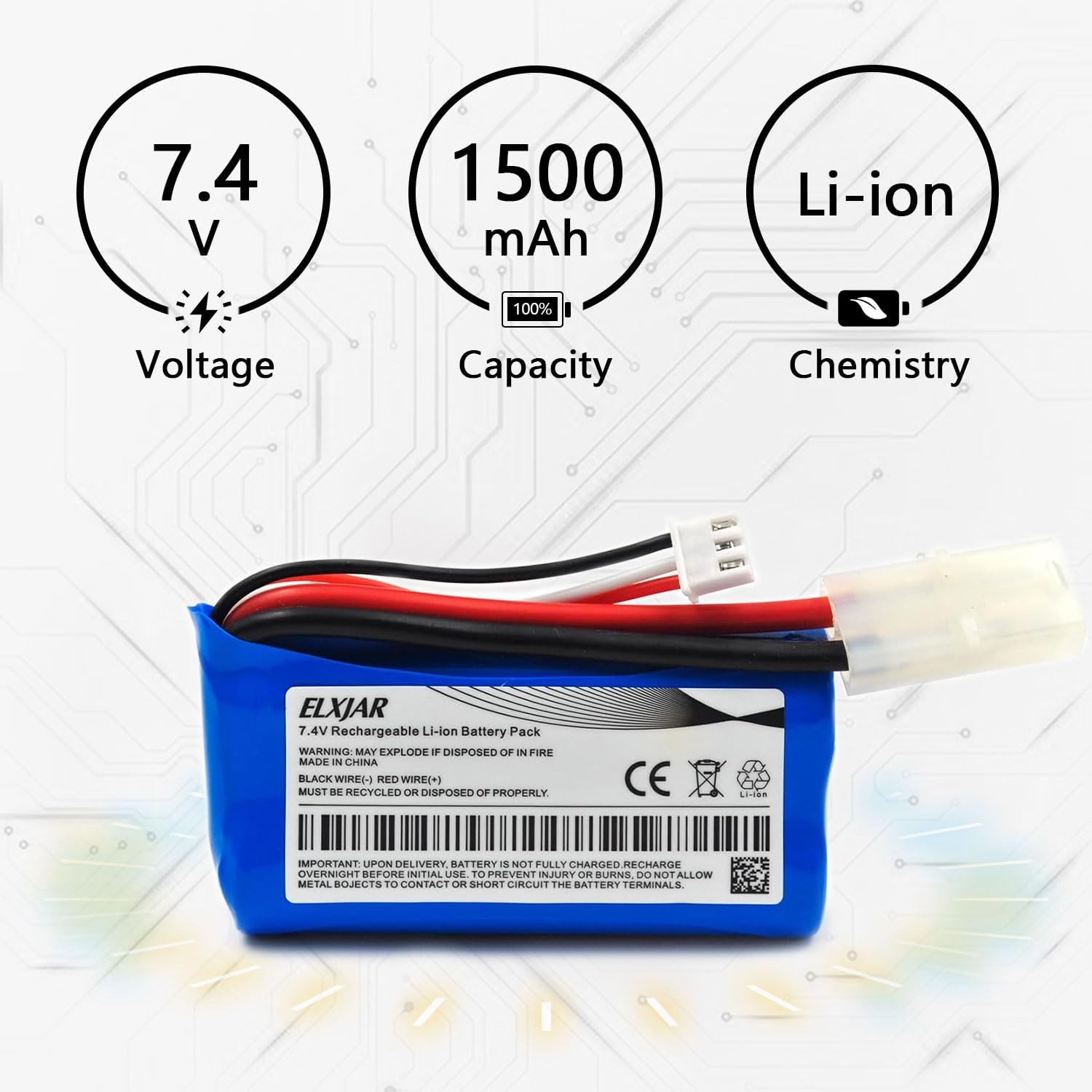 Diagram showing 7.4V Voltage, 1500mAh Capacity, and Li-ion Chemistry for the battery.