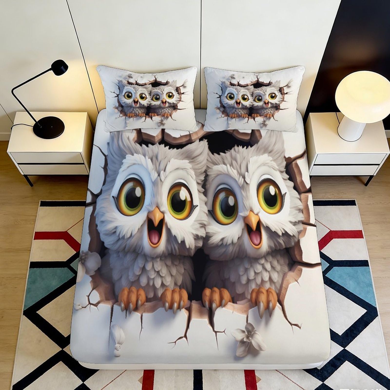 3D Printed Cute Owl Fitted Sheet Microfiber Soft Decorative Cartoon Birds Mattress Cover for Bedroom Guest Room 90x200x25cm