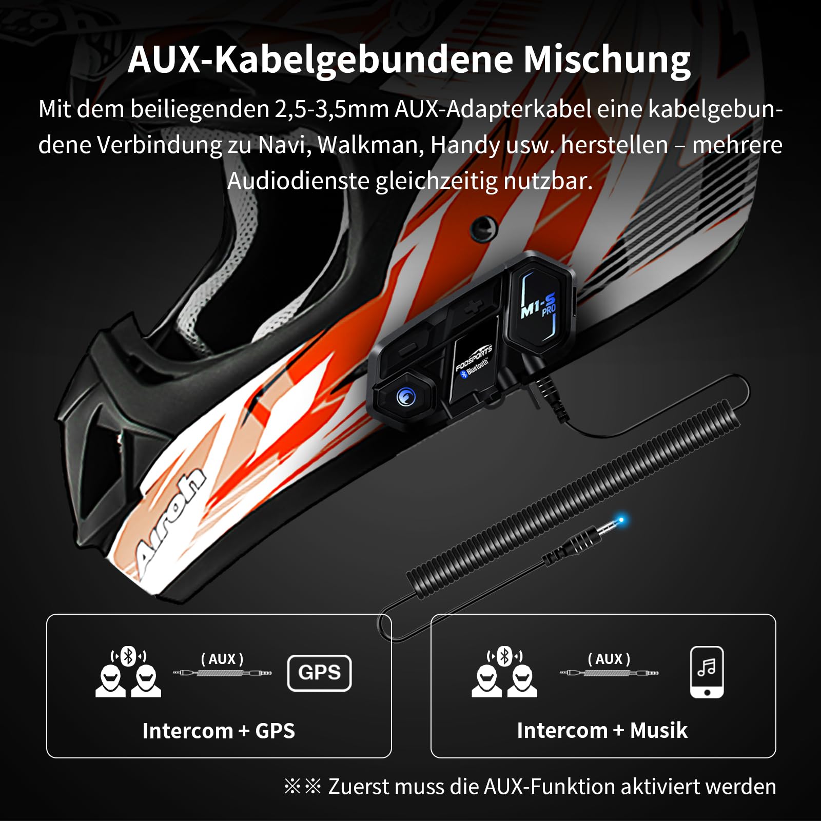 Fodsports M1-S Pro 2er Pack Motorrad Headset, 8-Personen Bluetooth Intercom mit 2000m Reichweite & CVC Geräuschunterdrückung, Musik Teilen, AUX Mischfunktion & Automatischer Anrufannahme