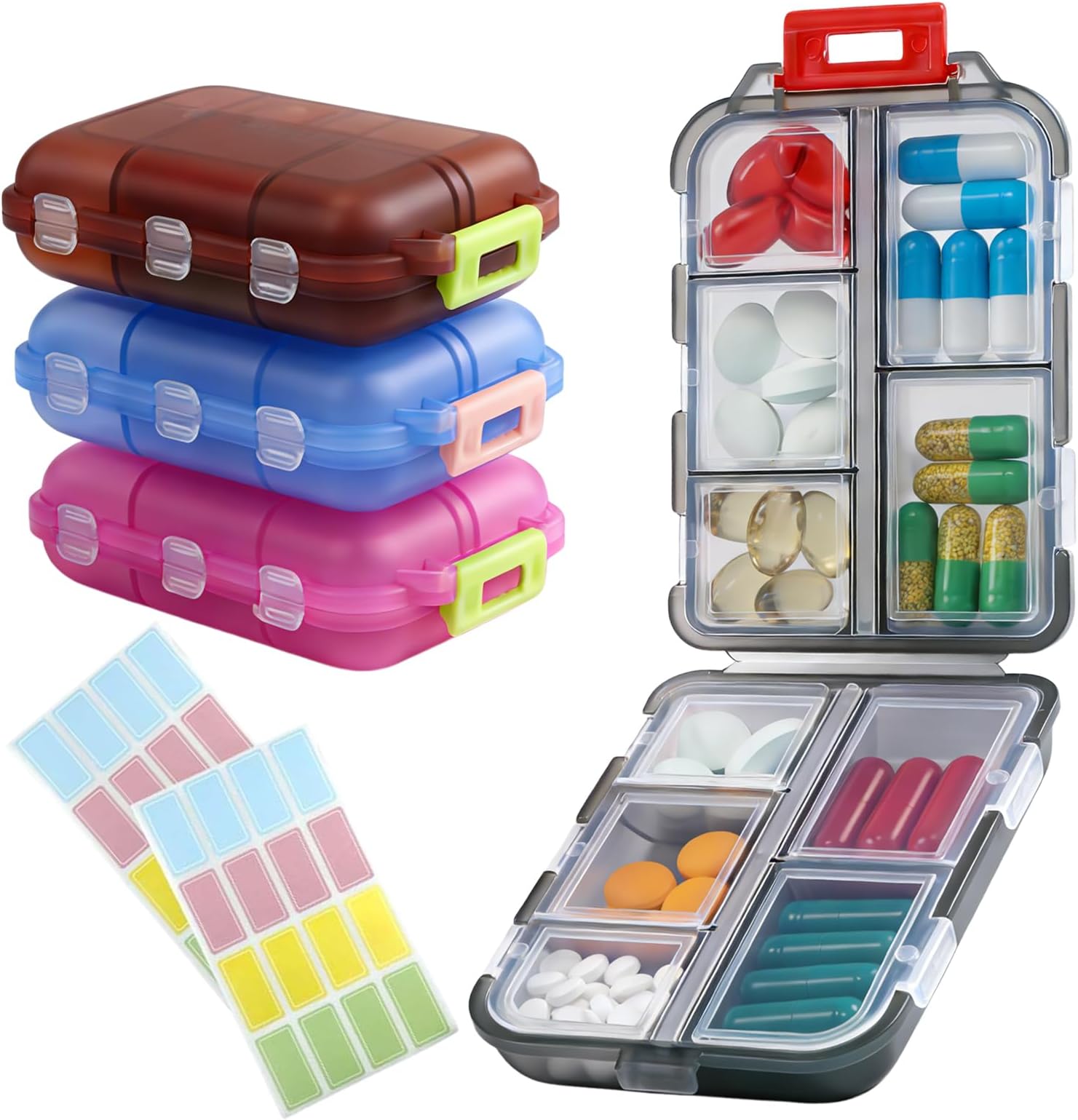 4 Pack Travel Pill Box – Small 10 Grid Compartments Pocket Pharmacy, Portable Medicine Organiser, Mini Daily & Weekly 7-Day Pill Case (Compact & Lightweight)