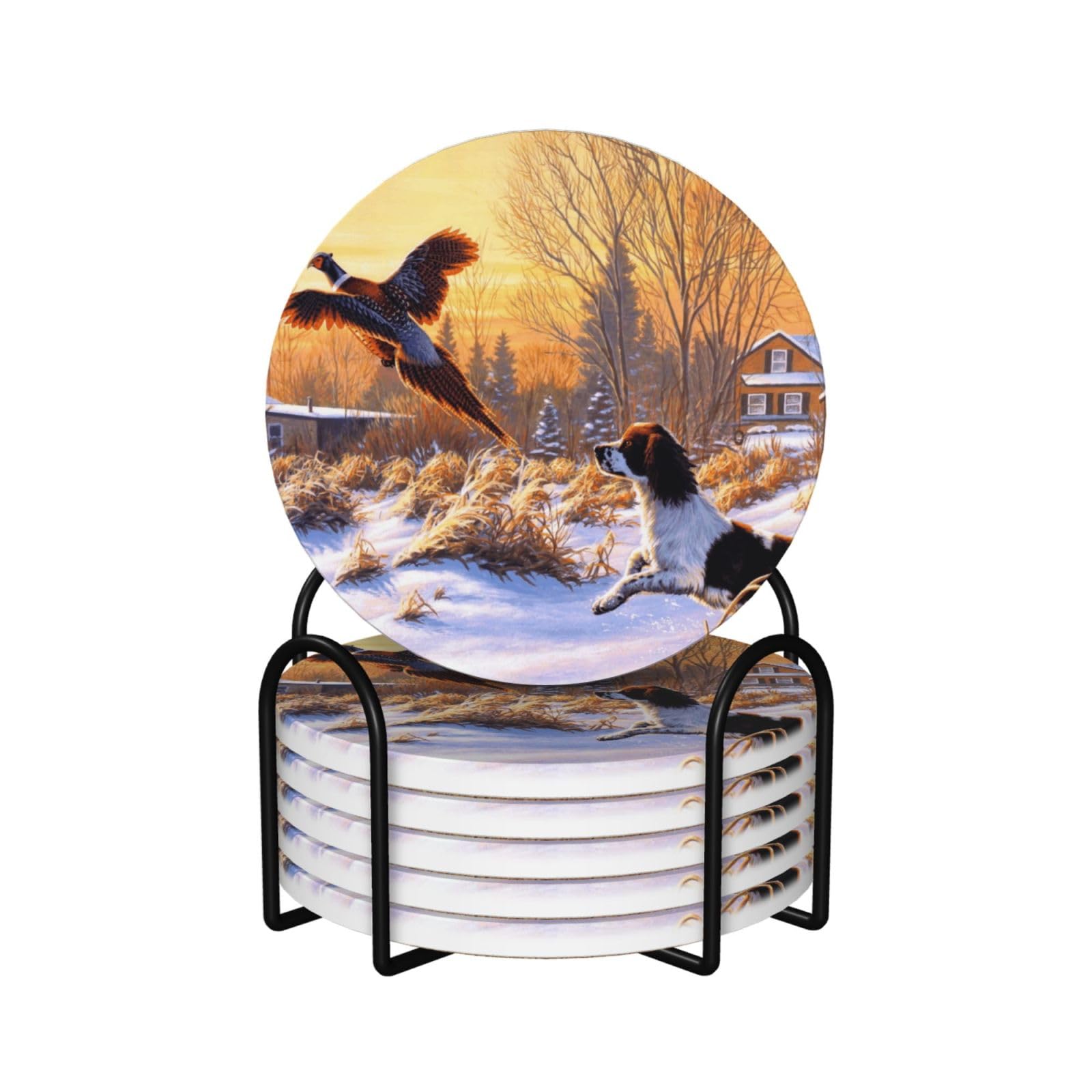 Yxdvpalne As Picture Dog Catching Pheasant Printed,Round Ceramic Coasters, Mugs Pad, Cups Mat Set Of 6 Drinks Coasters With Holder