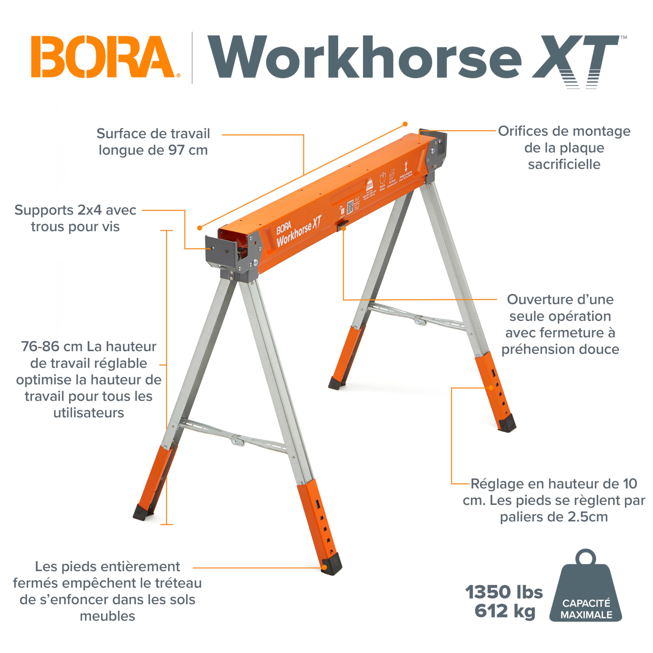 BORA Workhorse XT PM-3360T Lot de 2 chevalets de sciage pliables et réglables en hauteur avec pieds réglables pour entrepreneurs Établi portable avec décapsuleur intégré