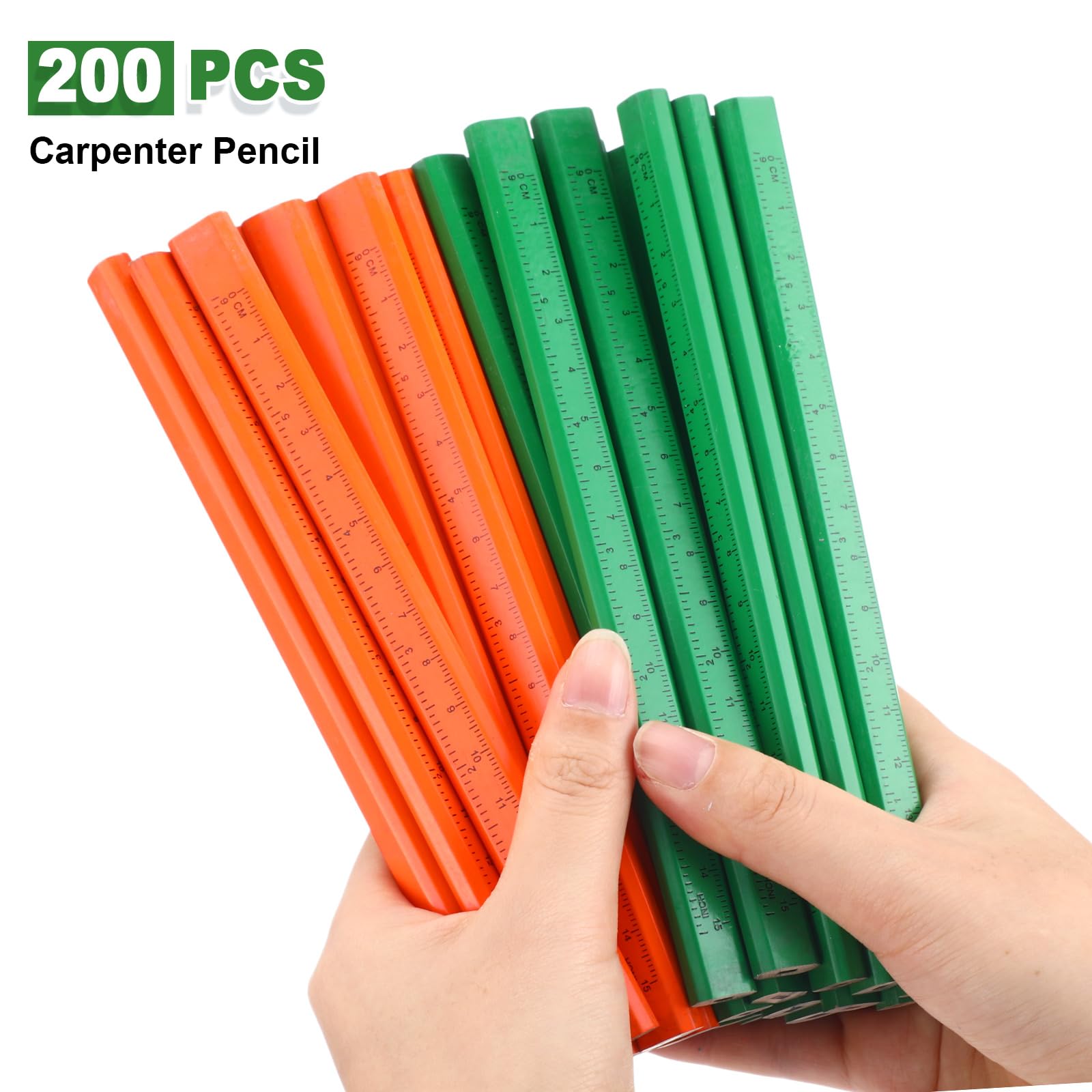 Honoson Lot de 202 crayons de charpentier - 200 crayons plats avec règle imprimée - 2 taille-crayons de charpentier pour le travail du bois (vert et orange)