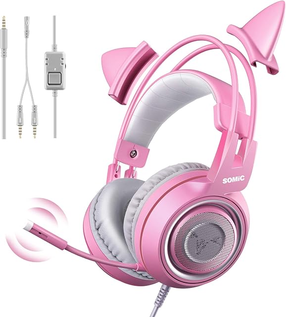 SOMiC G951S Pink Gaming Headset with Mic for Xbox One, PS5, PS4, PC, Removeable Cat Ear Headphone for Girls Women, with 3.5mm Plug/Control Box
