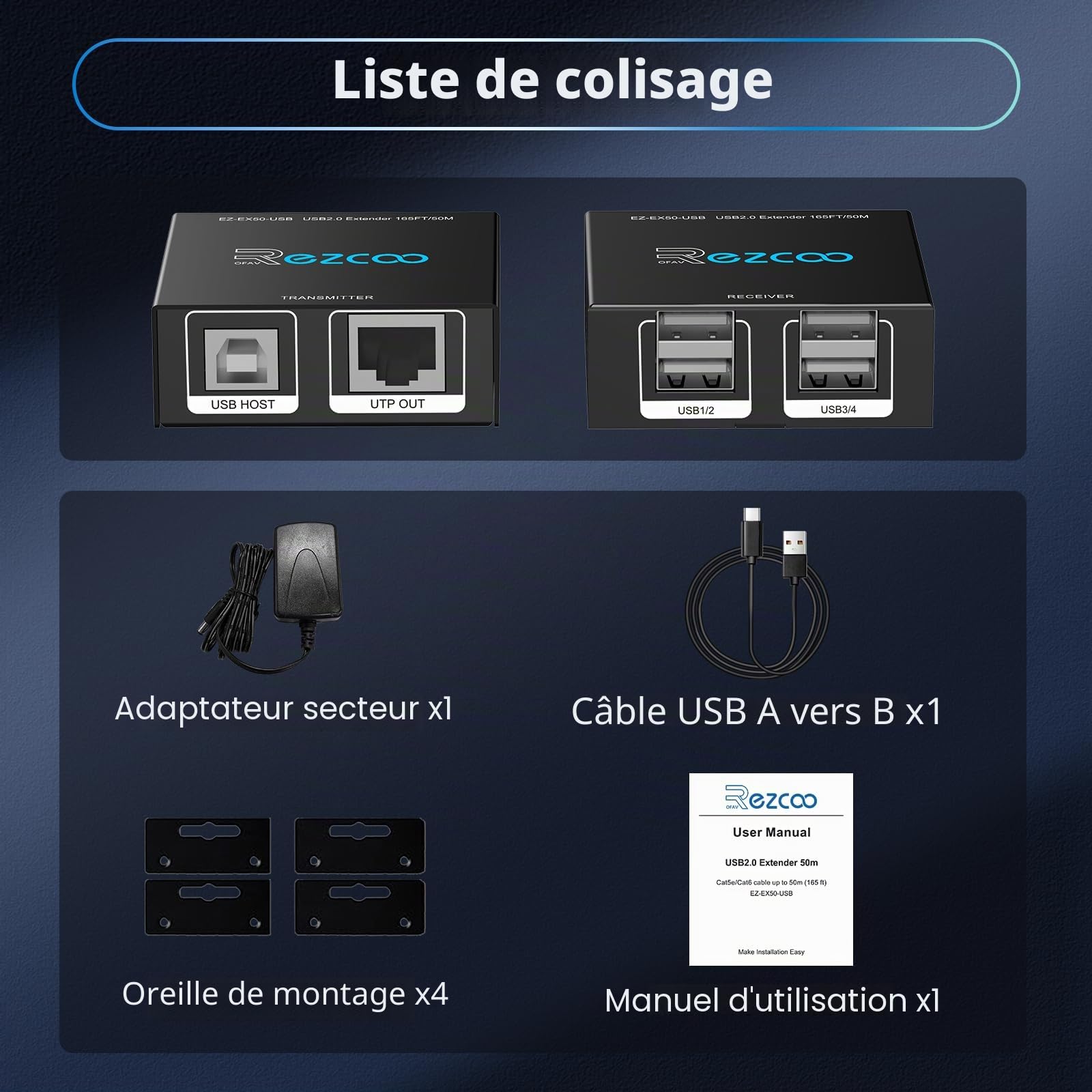 Extenseur USB 2.0 4 Ports USB sur Cat5e Cat6 RJ45 LAN Extension 5 V Faible consommation USB Ethernet Synchronisation de Travail Windows MacOS Android Linux sans Pilote EX50USB