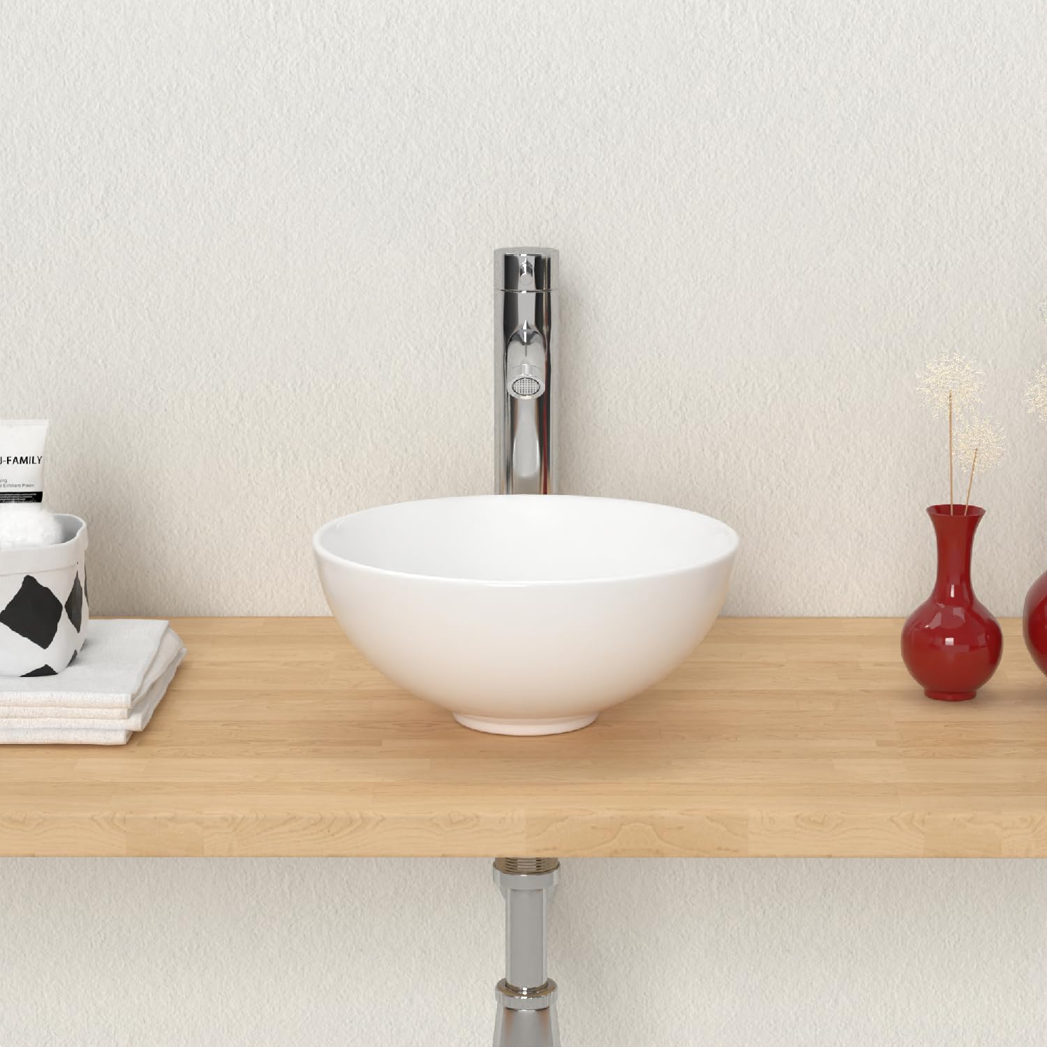 J-FAMILY Fregadero pequeño de 11 pulgadas para baño, lavabo redondo de cerámica blanca, lavabo pequeño