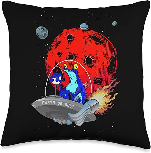 Funny Frog Character Sci-Fi Fifties Nostalgia Earth or Bust Invasive Species Retro Funny Space Alien Frog Throw Pillow 16x16 Multicolor