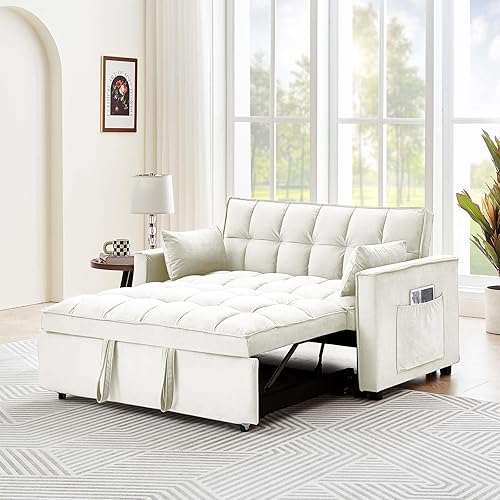 Miniatura 1 de Sofá cama convertible 3 en 1, sofá biplaza moderno de terciopelo con almohadas y bolsillos laterales, sofá extraíble de 2 plazas para espacios