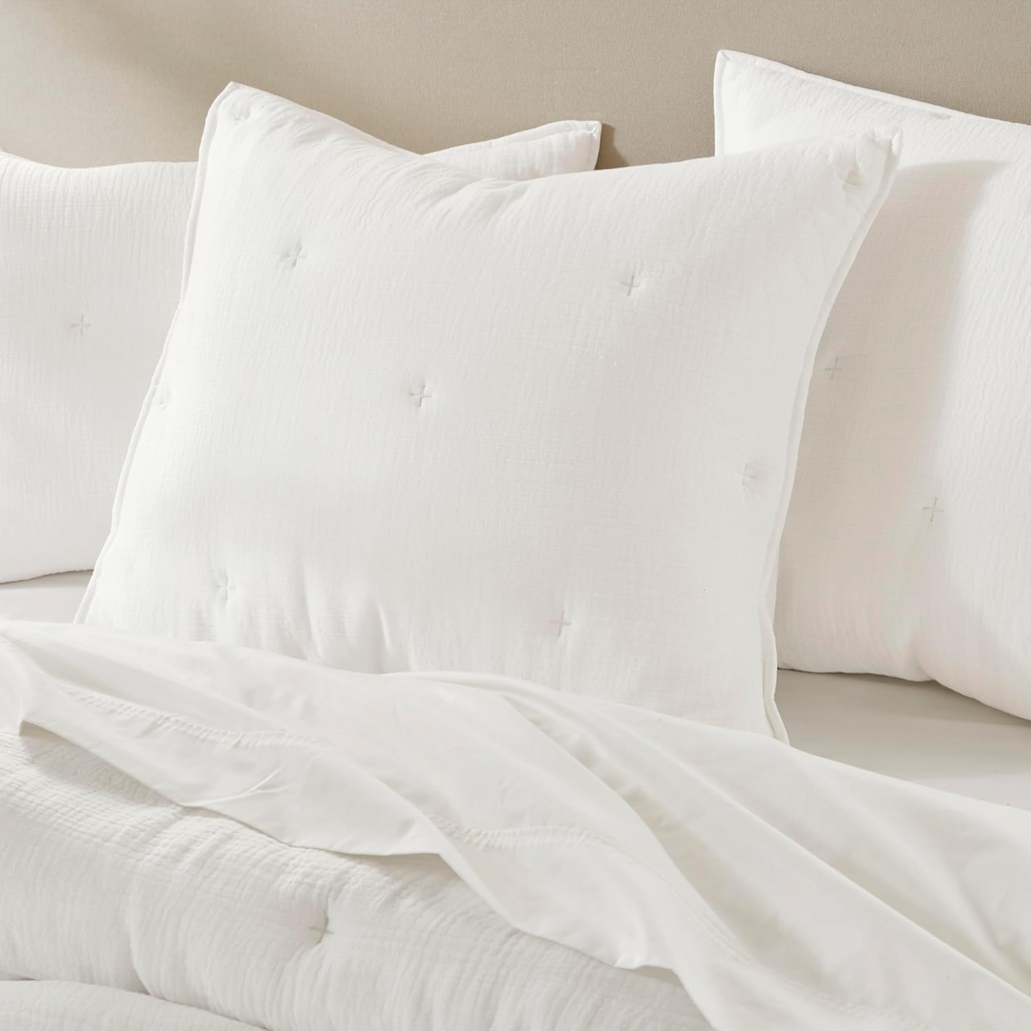 Harbor House Cotton Muslin Euro Sham White, Crinkled Texture with Embroidered Tacking, Breathable and Soft, Oeko-TEX Certified, Machine Washable, Matching Quilt Set Available