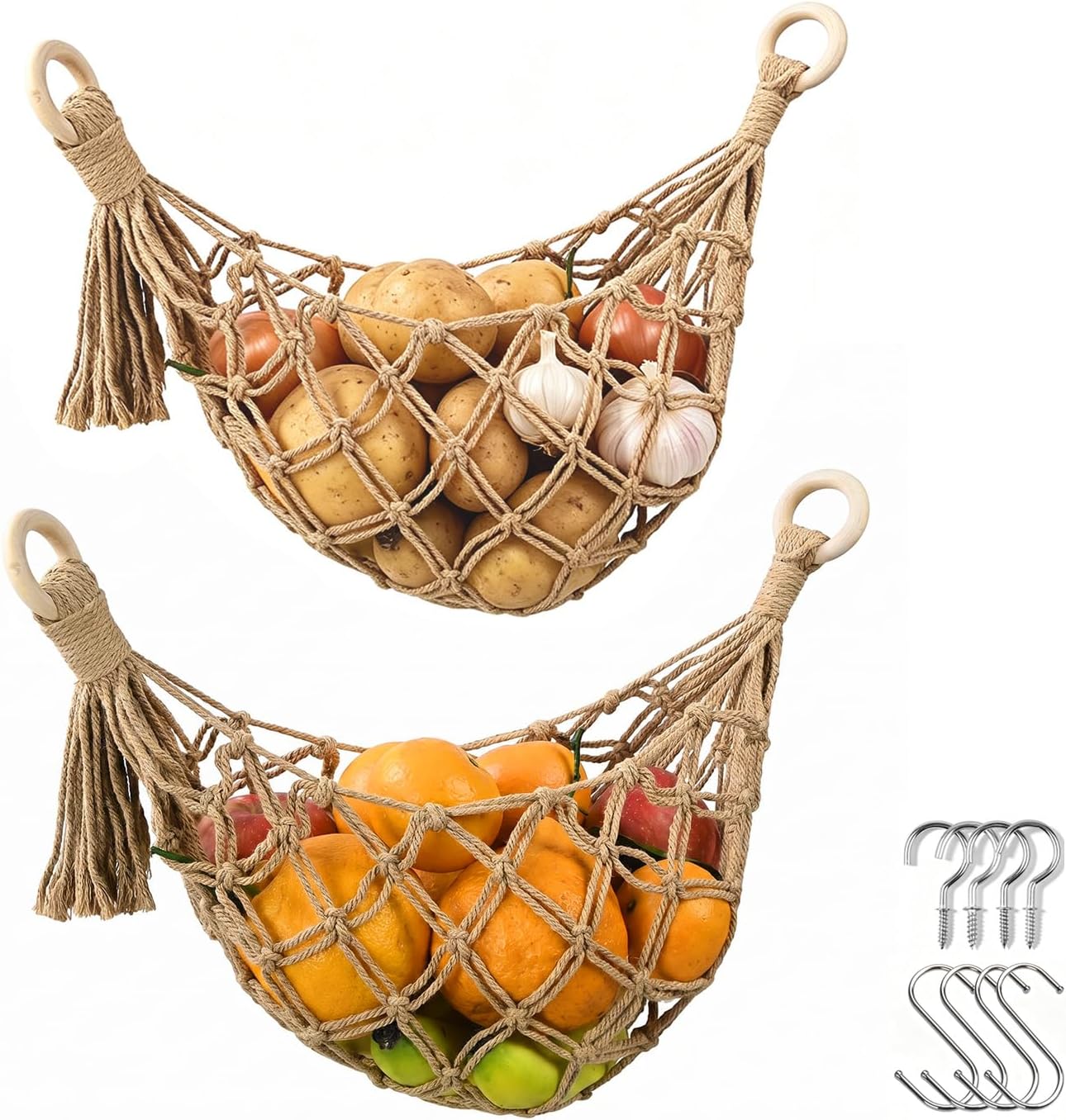Halidali Hanging Fruit Hammock for Kitchen Under Cabinet, 2 Pack Basket Fruit Holder Net Boho Handwoven Vegetable Storage Organizing Saves Counter Space for Potato, Onion, Gifts (Linen)