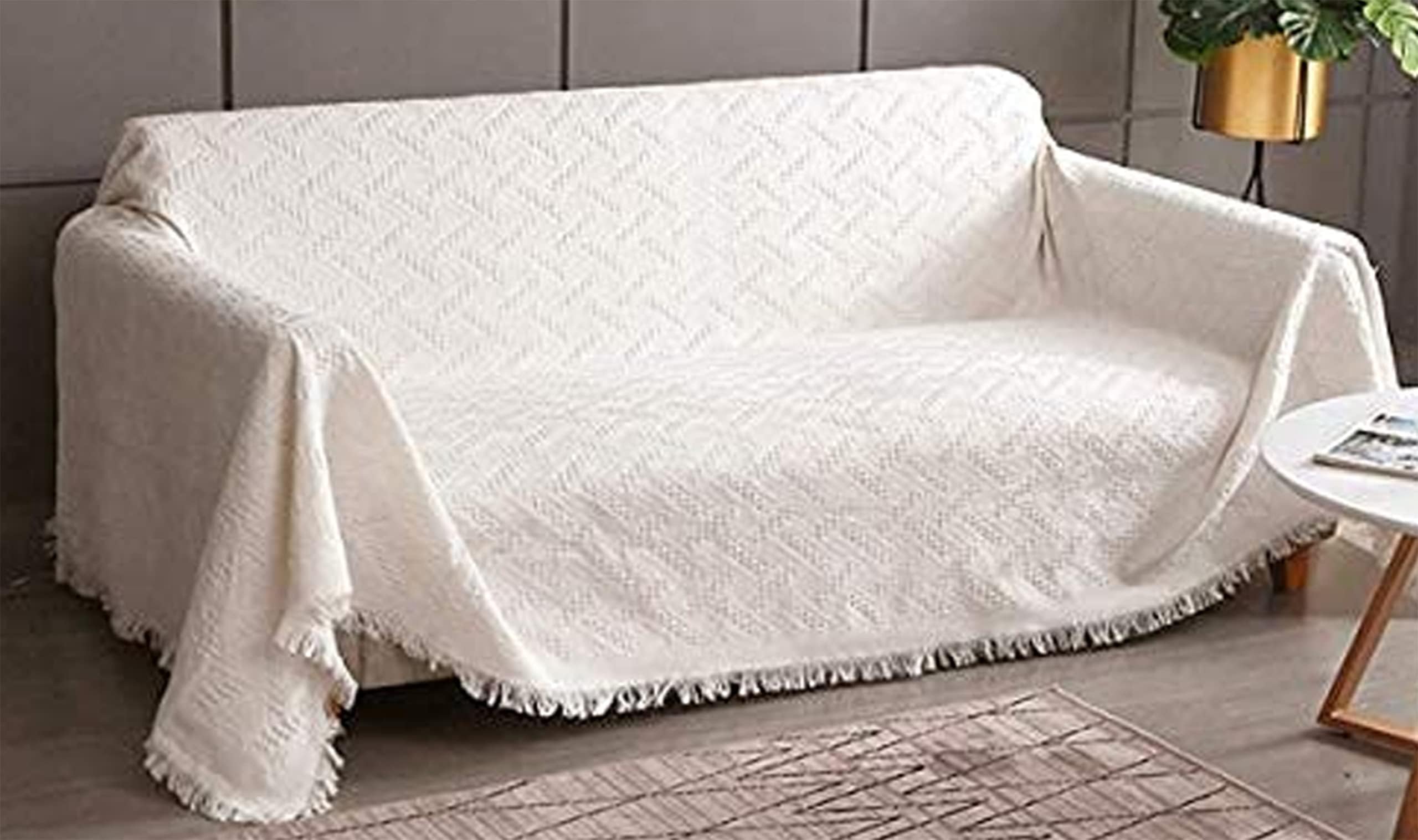 Rose Home Fashion Geometrical Throw Sofa Cover Blanket, Washable Couch Covers for 3 Cushion Couch Sofa Pet Friendly, Furniture Protector for Dogs (X-Large, Beige-White)