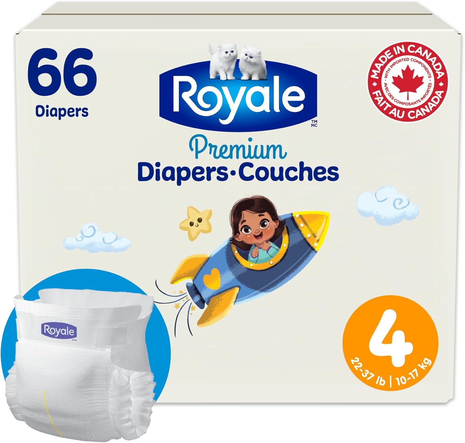 Royale Premium Diapers, Size 4 (22-37 lb), 66 Count, Disposable Baby Diapers