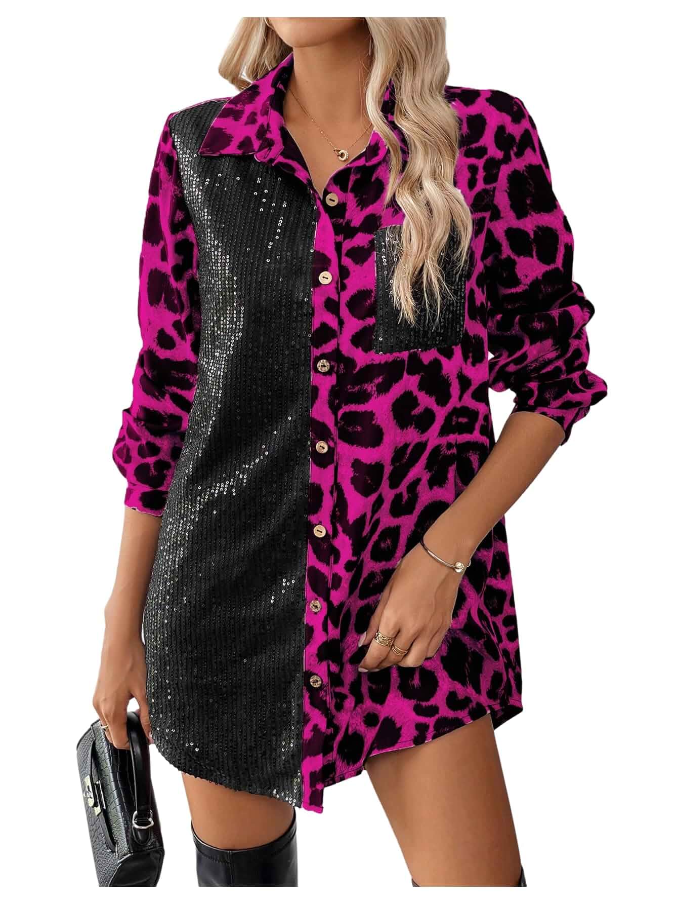 SOLY HUX Women's Y2k Leopard Print Sequin Long Sleeve Collared Blouse Tops Button Down Shirt, Cheetah Print, Club Party Wear
