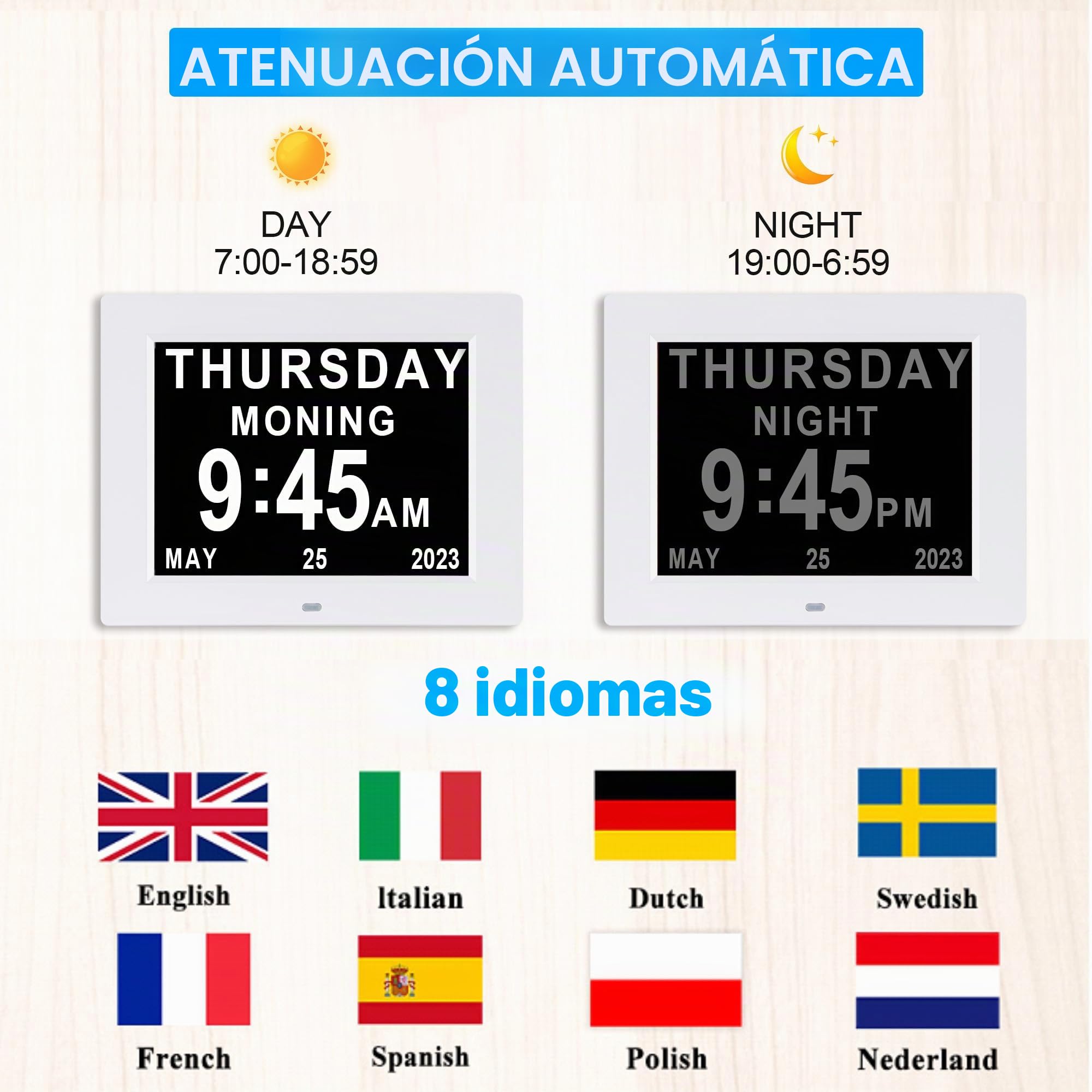Reloj de día con calendario digital para personas mayores, personas mayores, Alzheimer (8 pulgadas blanco)