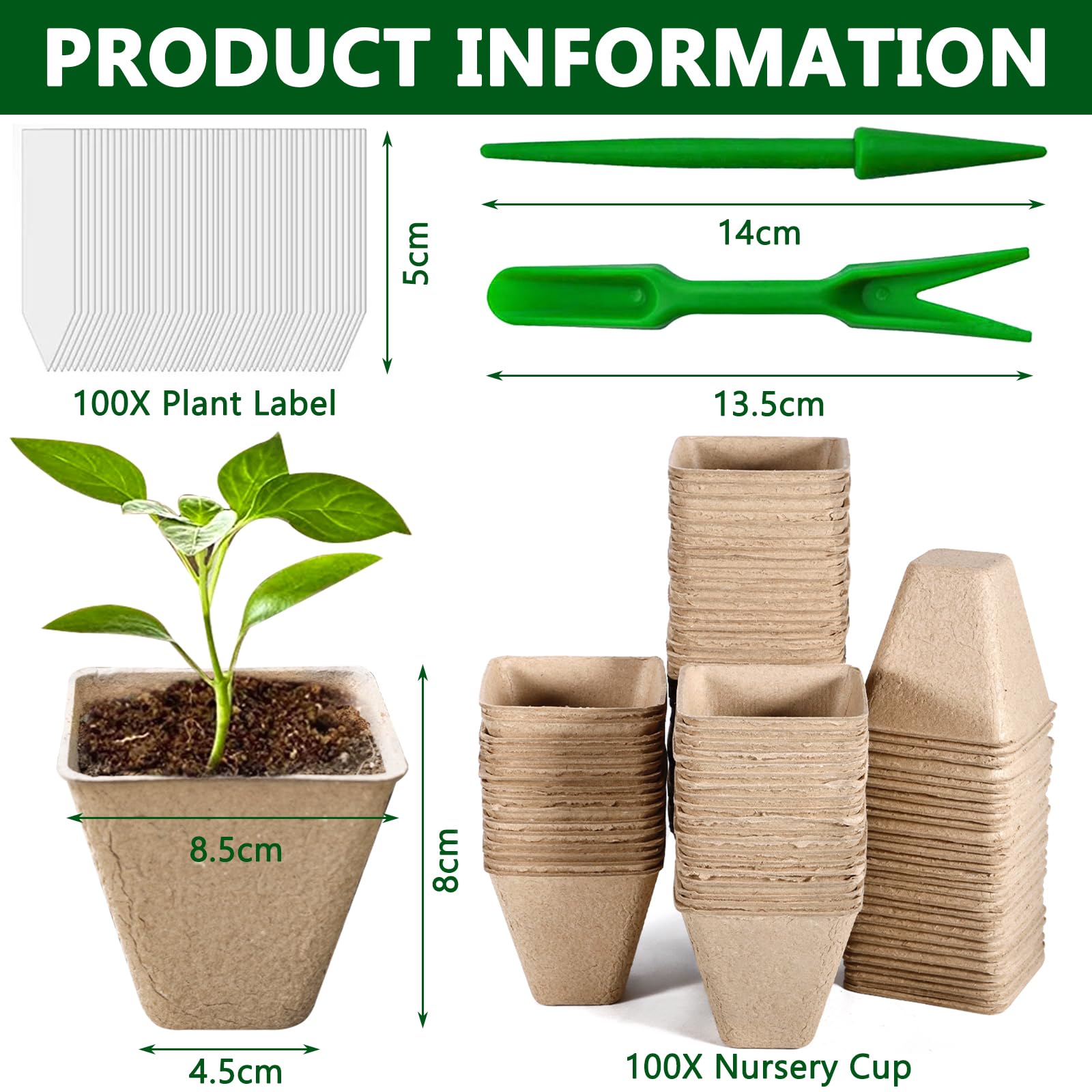 Godets pour Semis 8cm, 202 Pièces Kit de Pots de Semis en Fibre, Godet de Rempotage avec Étiquettes et Outils, sans Tourbe, sans Repiquage, pour Serre Jardin Potager Fleur Semis