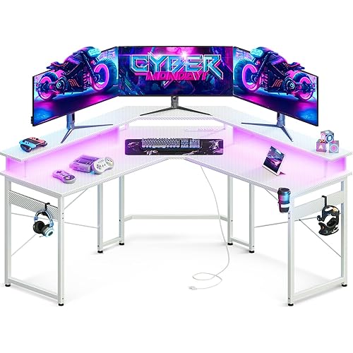 ODK L Shaped Gaming Desk with LED Lights & Power Outlets, 51" Computer Desk with Full Monitor Stand, Corner Desk with Cup Holder, Gaming Table with Hooks, White Carbon Fiber