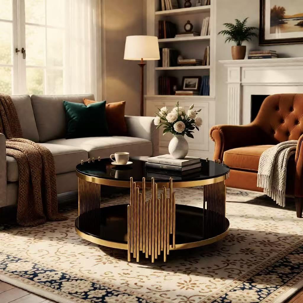 Black Glass Coffee Table, 2-Tier Round Tempered Glass with Gold Stainless Steel Frame, Modern Luxury Coffee Table for Living Room, Office, or Café