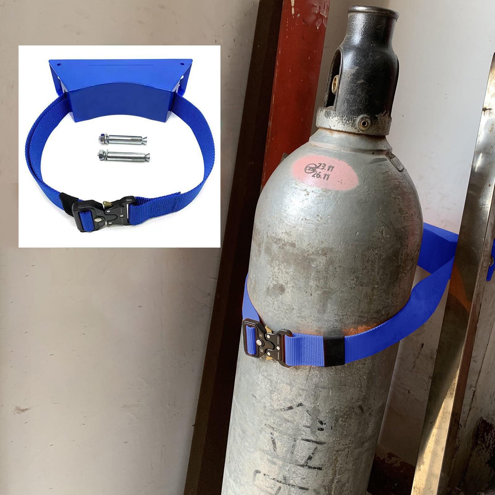 OWOHYG Wall Mounted Oxygen Tank Holder-Durable Plastic Rack With Safety Buckles For Propane,Nitrogen,Argon-Secure Cylinder Storage Solution.Blue-2pcs