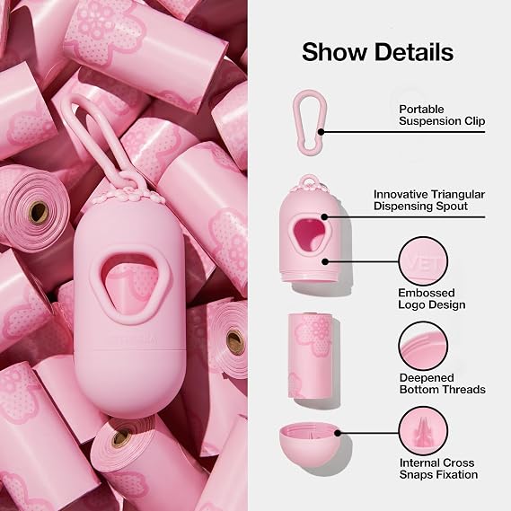 VETRESKA Dog Poop Bag Dispenser with Cherry Blossom Scented Bags, Leak Proof, Extra Thick Waste 1 Count Holder and 645 Bags for Walking Cats Litter, Pink