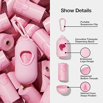 VETRESKA Dog Poop Bag Dispenser with Cherry Blossom Scented Bags, Leak Proof, Extra Thick Waste 1 Count Holder and 645 Bags for Walking Cats Litter, Pink