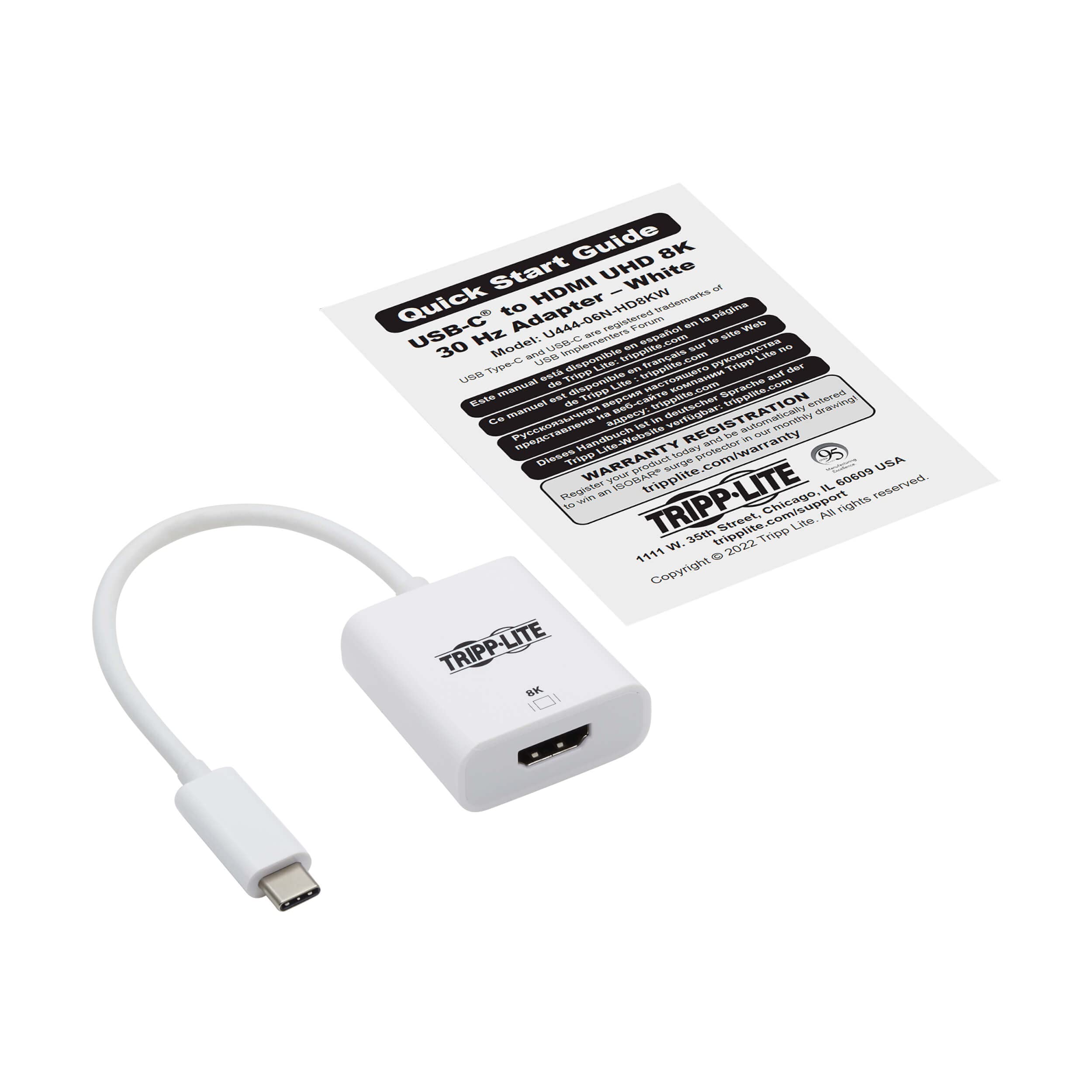 Tripp Lite Adattatore da USB-C a HDMI, 8K a 30Hz, cavo da 6", compatibile con Windows e Mac, da maschio a femmina, HDR 4:4:4, HDCP 2.3, plug-and-play, nessun software necessario, bianco, 1 anno di