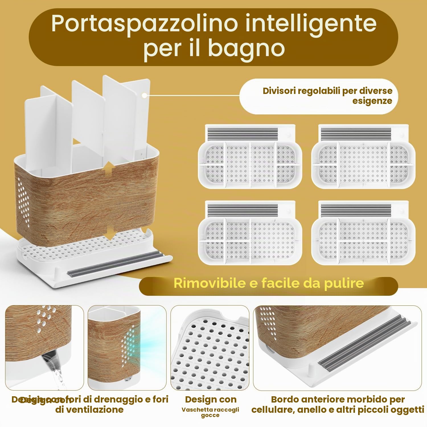 Portaspazzolino famiglia grande, effetto legno, organizer per spazzolini da denti, con supporto per telefono e divisori regolabili, facile da pulire, 6 scomparti, con scarico per famiglia, bambini