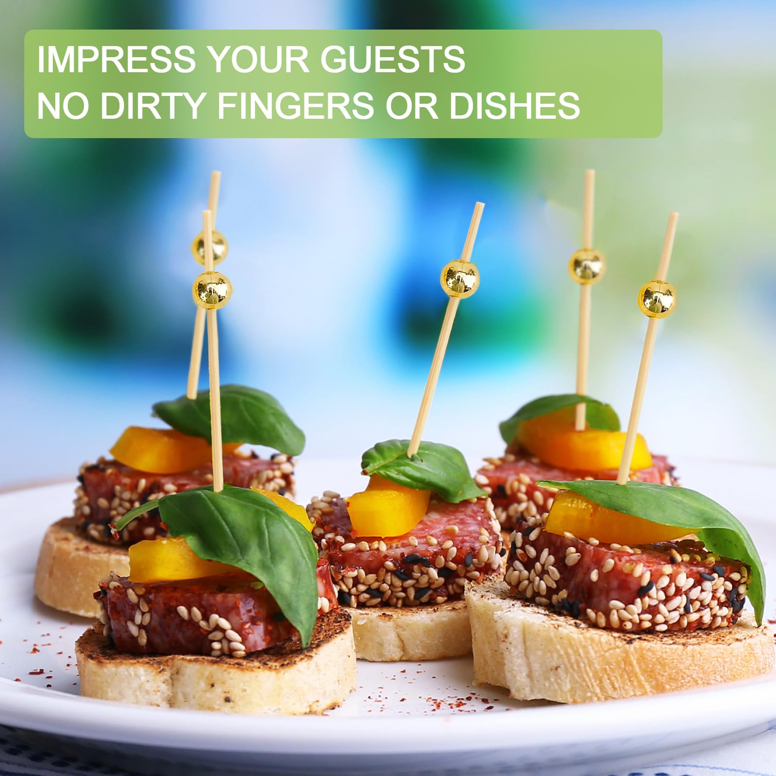 1000 palillos de cóctel elegantes para aperitivos, palillos de cóctel de bambú de 4.7 pulgadas, pinchos de aperitivos para bebidas, frutas, embutidos, fiesta de comida de boda, dorado