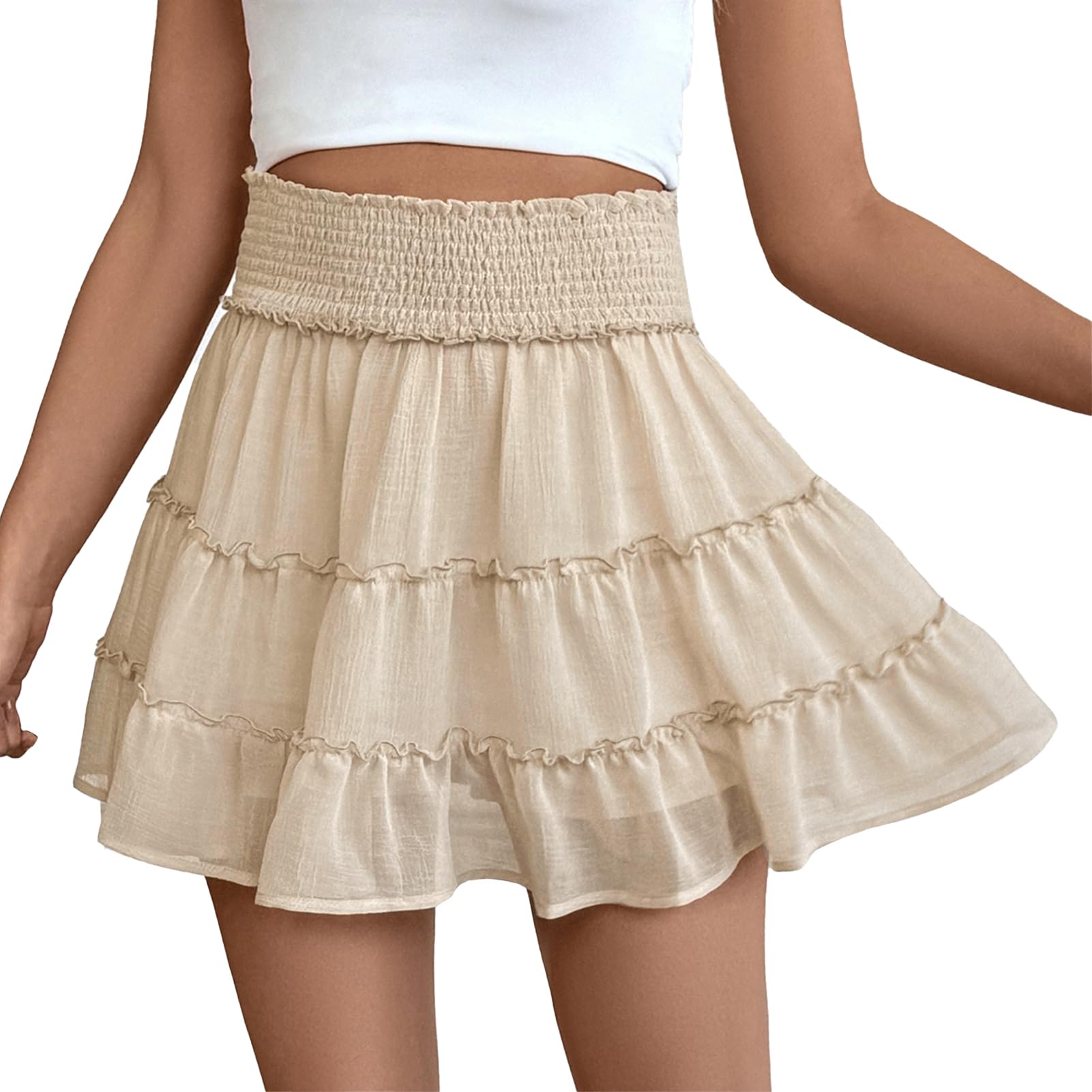 FEOYA Gonne da donna con volant a vita alta Flowy Boho Beach Mini gonne casual smock estate carino chiffon skorts pantaloncini incorporati