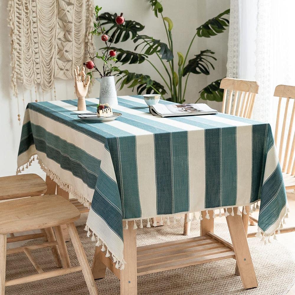 Linge De Table 1 Pièces Nappe À Rayures Coton Et Lin Gland Machine À Laver Cache-Poussière Table Basse Couverture Serviette Nappe Bleu Clair 140X360Cm