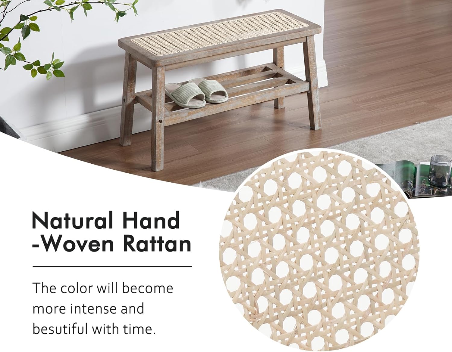 Rattan Entryway Bench with Shoe Rack Natural Wood Storage Bench Indoor Wicker 30 Inches Small Bench Farmhouse Cane Vintage Rustic Accent Bench for Living Room/Bedroom/Hallway/Porch