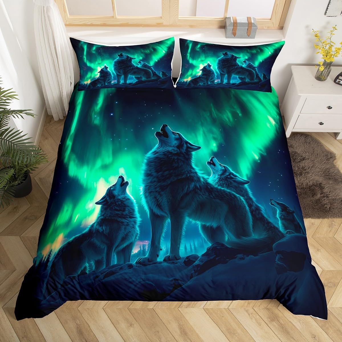 LYJKLST Wolf Duvet Cover Set Animal Bedding Set Green Aurora Bed Set Starry Sky Wolf Pack Quilt Cover Set With Pillowcase for Kid Teens Boys and girls Man Duvet Set Single