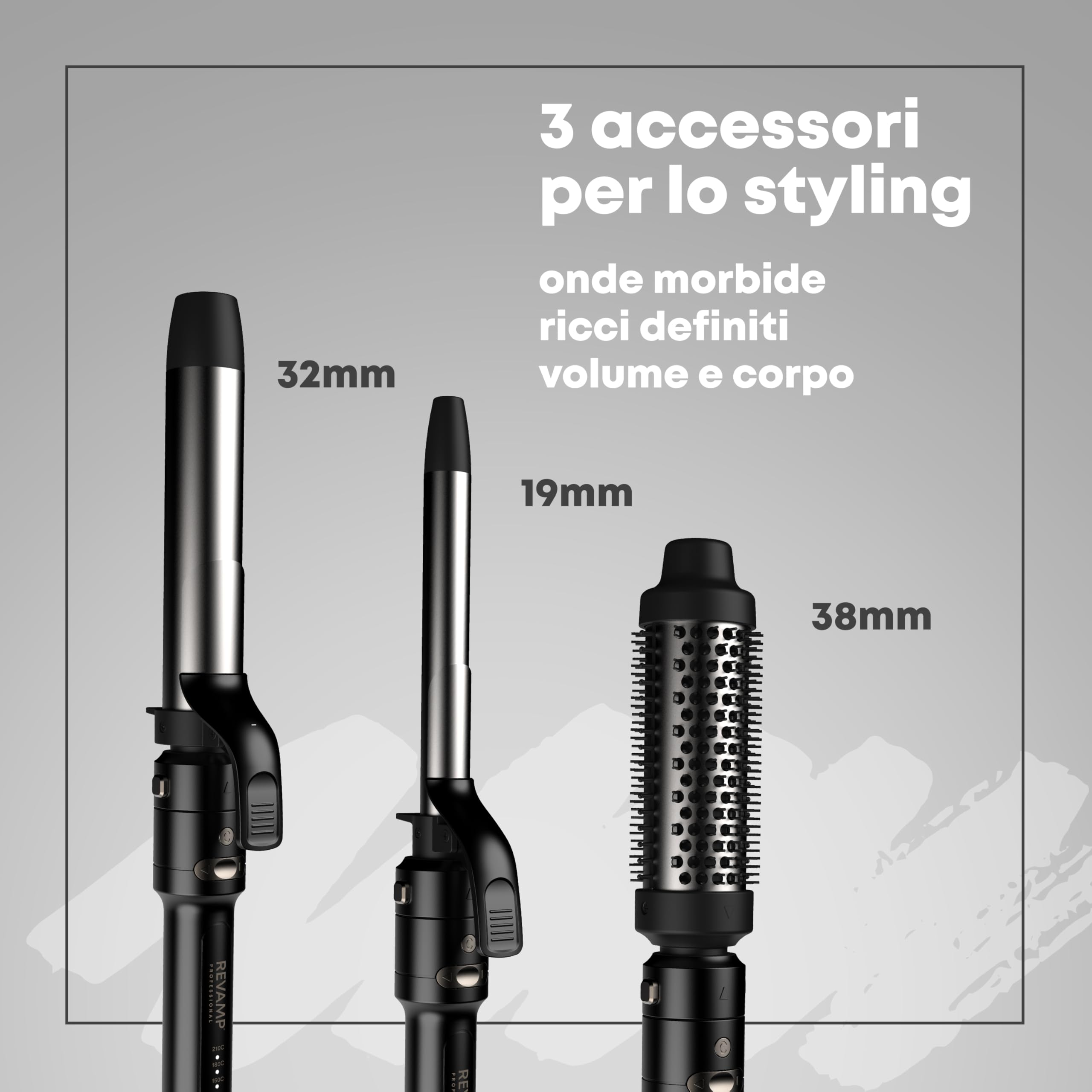 REVAMP Multistyler Revolve Arricciacapelli Automatico 3 in 1 - Rotante | Spazzola 38 mm, Cono 32 e 19 mm, Onde Morbide, Ricci Elastici, Volume, Styling Versatile