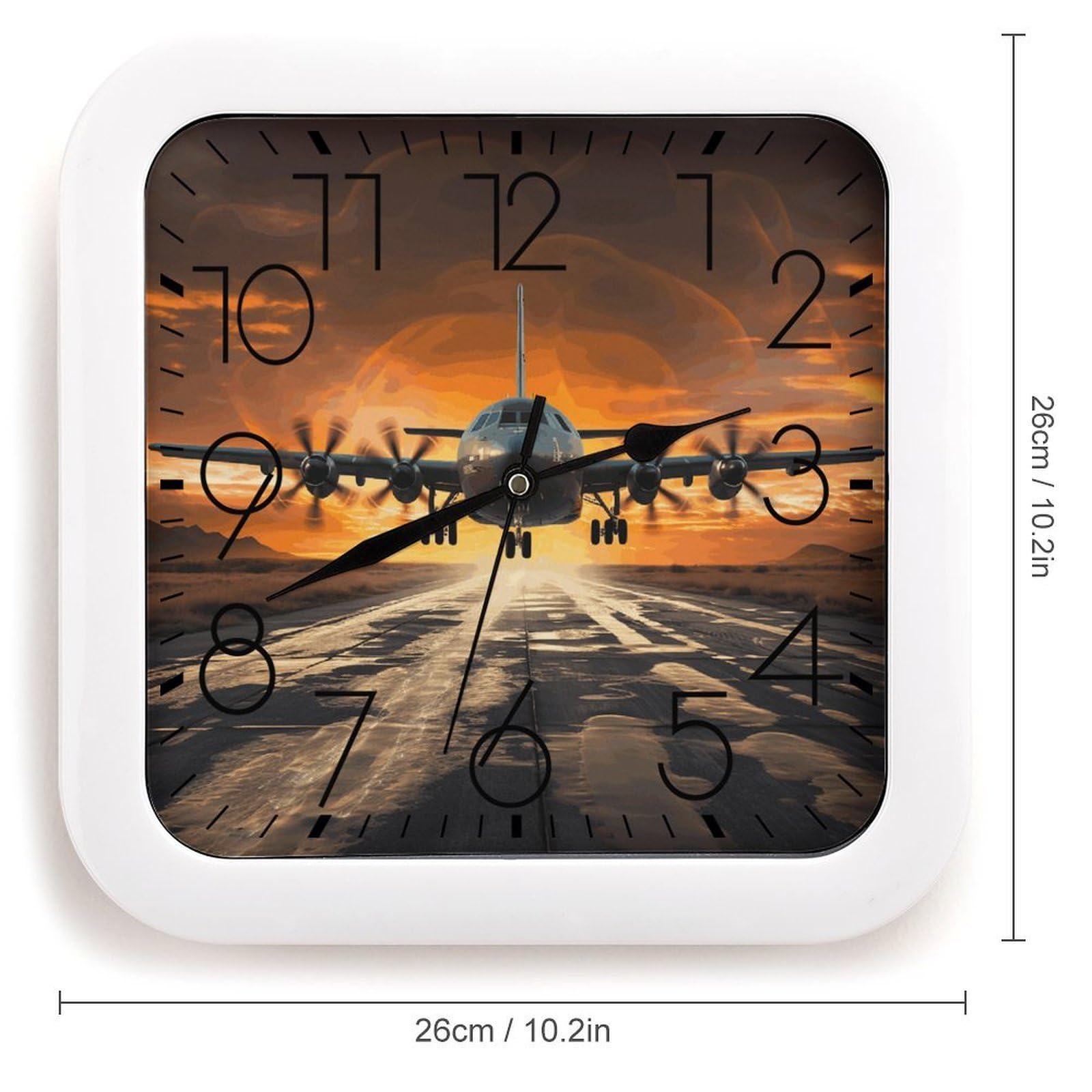 Orologio da parete quadrato con aereo militare che atterra sulle piste dell'aeronautica contro un bel cielo scuro, orologio da parete quadrato analogico da 25 cm, funzionamento a batteria, orologio