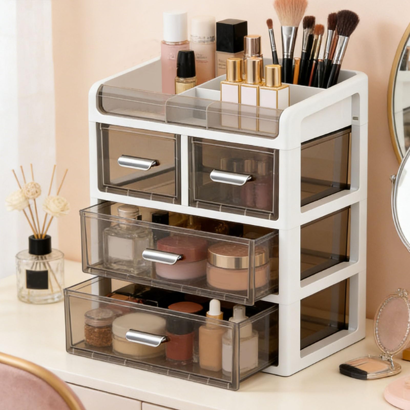 Fockety Organizzatore da Scrivania con Cassetto, Cassetto di Grande capacità Portaoggetti da Scrivania Forniture di Cancelleria per Ufficio Rettangolare Cassetti da (Bianco e Nero Trasparente)