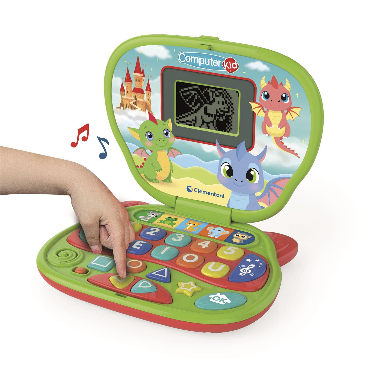 Clementoni - Computer Kid Draghetto Laptop Educativo Bambini 2+ Anni, 10 attività, Gioco Elettronico per Imparare Lettere, Numeri, Forme, Colori e Melodie, Batterie Incluse, Lingua Italiana, 16488