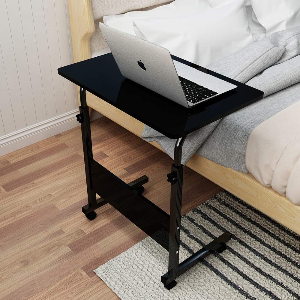 Sofa Side Table Desk with Wheels, Tray Table Portable Side Table for Bed, Table Laptop Cart, Height Adjustable Coffee Snack Table for Living Room, Bedroom, The Study, 24" L X 16" W, Black-S