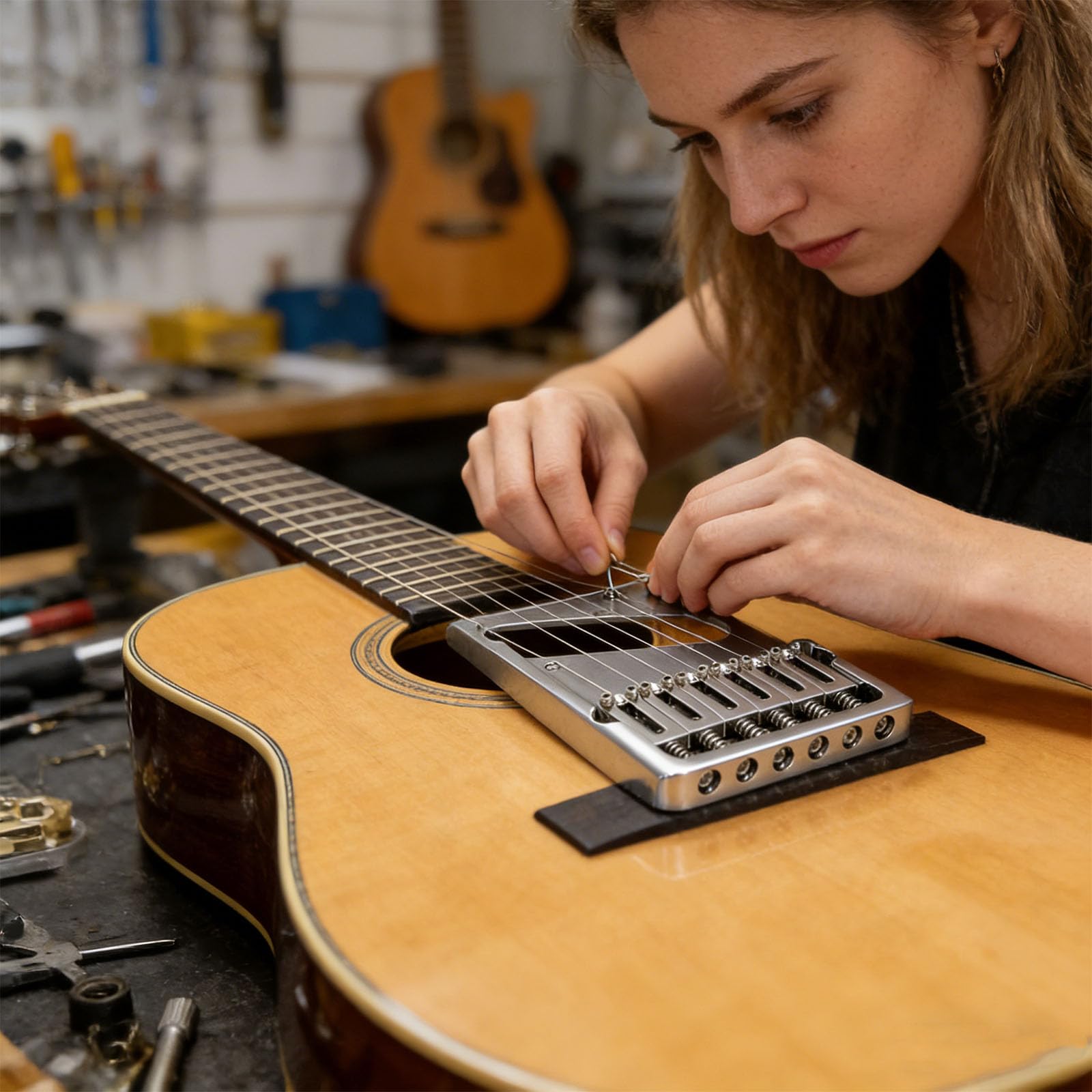 Innovador puente de guitarra para instrumentos de cuerda con sillines de latón ajustables y estabilidad de afinación, puente de guitarra moderno