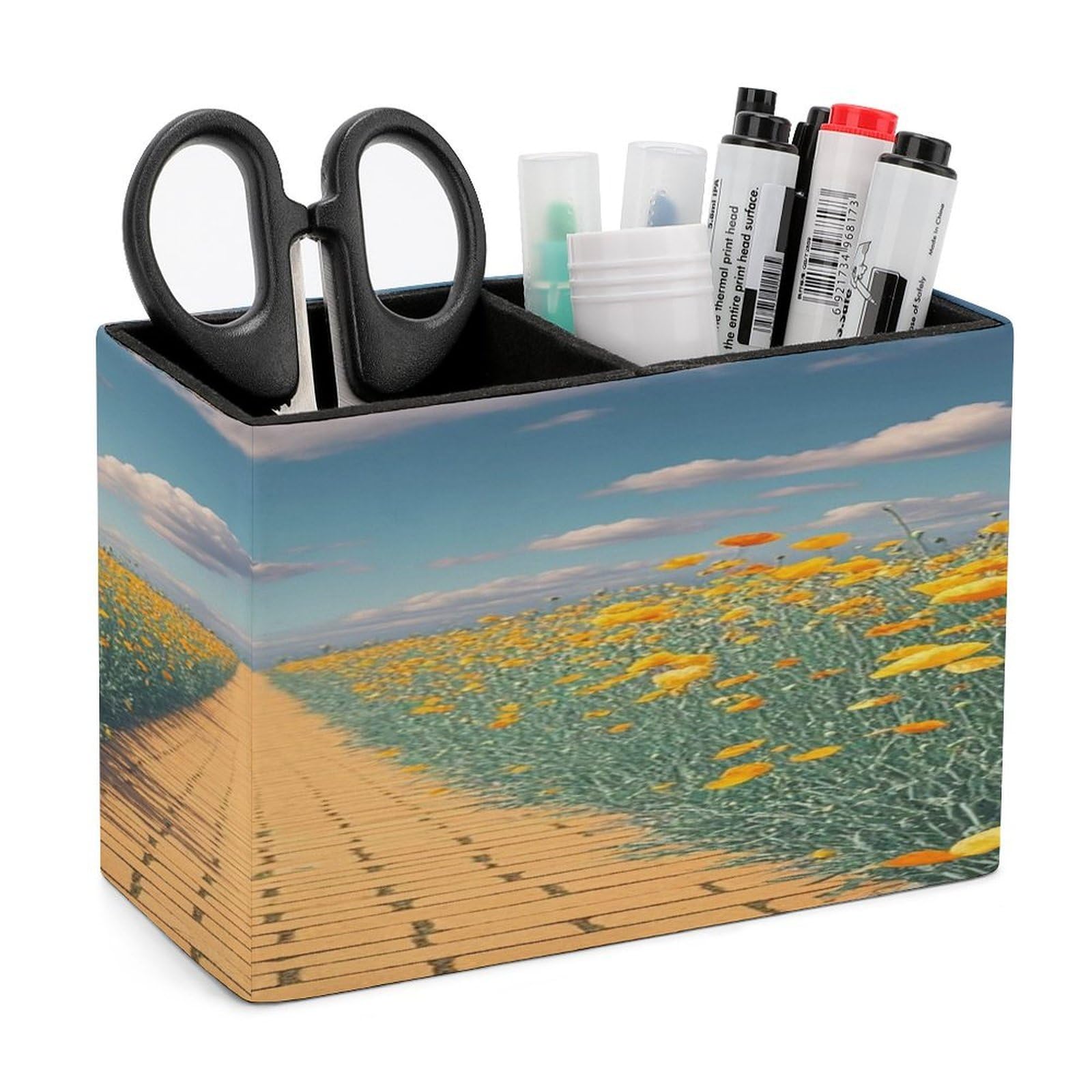 FekiLoot Poppies Field Yellow Brick Road Pen Holders for Desk Small Remote Control Holder Leather Pencil Cup with Double Compartments Desktop Organizer for Table Desk Office Space Saving