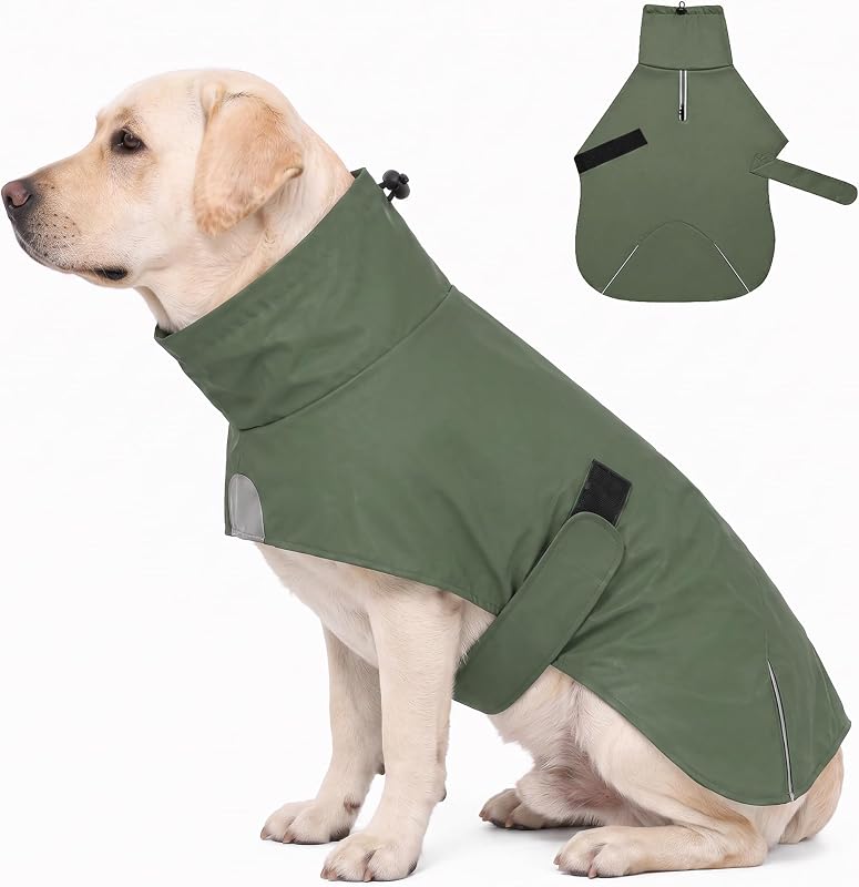 Capa de Chuva para Cães em PU com Coleira Alta e Detalhes Refletivos SKIPGEAR Verde-oliva (XXX-Grande)