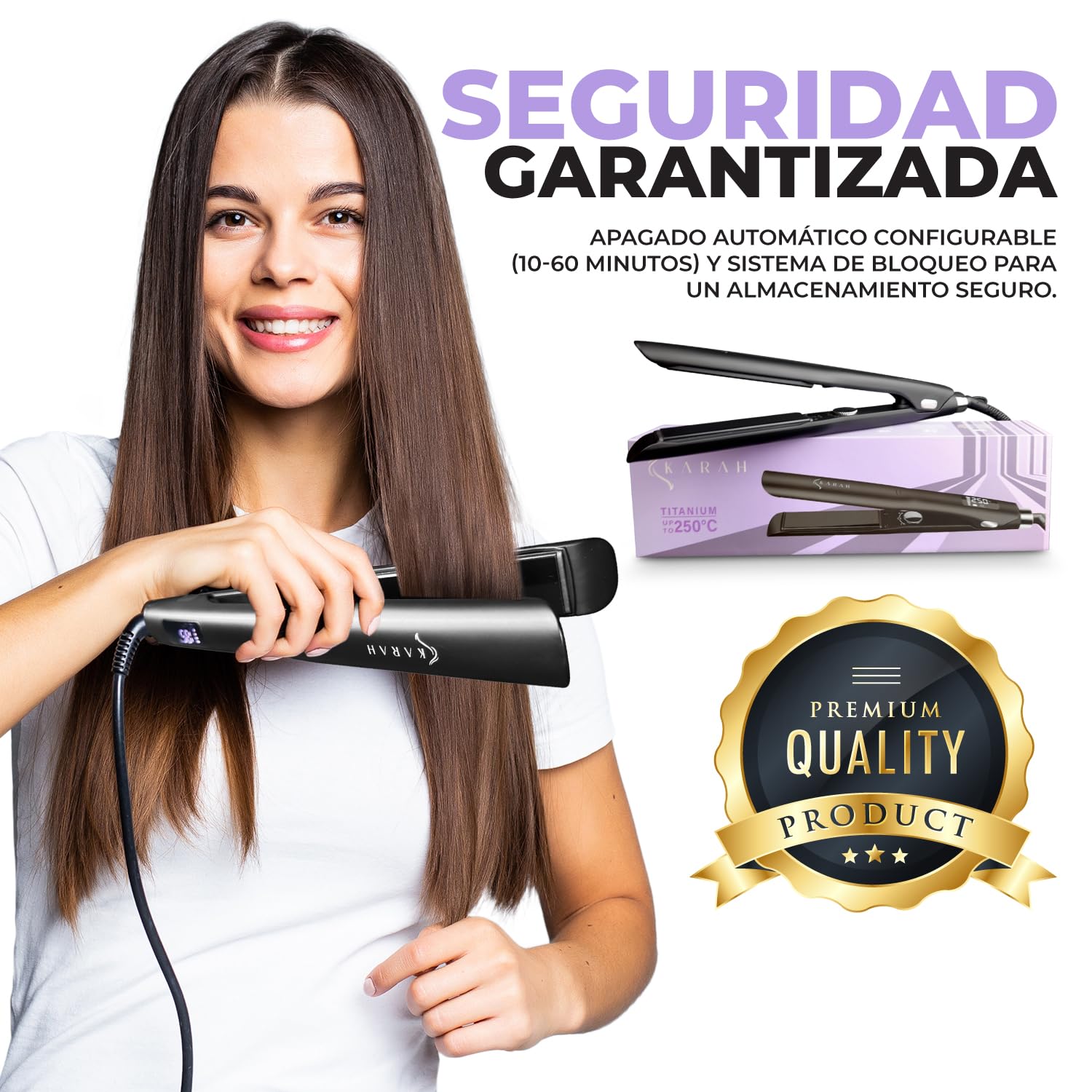 Karah Straightener Pro - Plancha del pelo profesional con placas de titanio, plancha para cabello con iones, temperatura máxima 250º para alisar y ondular, perfectas ondas surferas. Hair Straightener