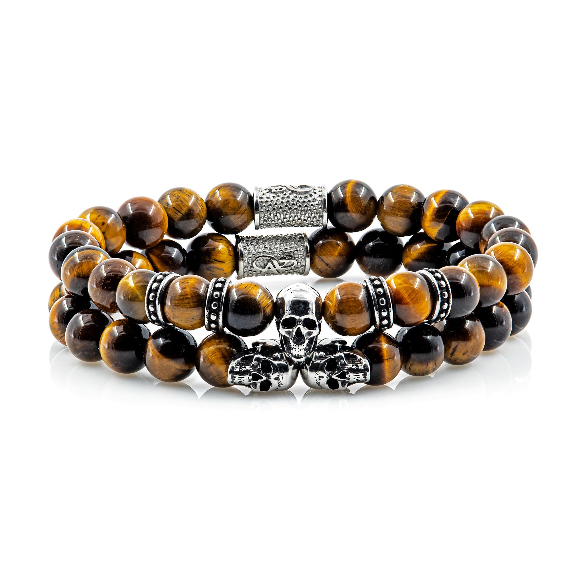 Tigerauge Armband Bracelet Perlenarmband Perlen 8mm Memento Mori Edition Silver Skull Stack Damen Herren Doppelarmband Edelstahl