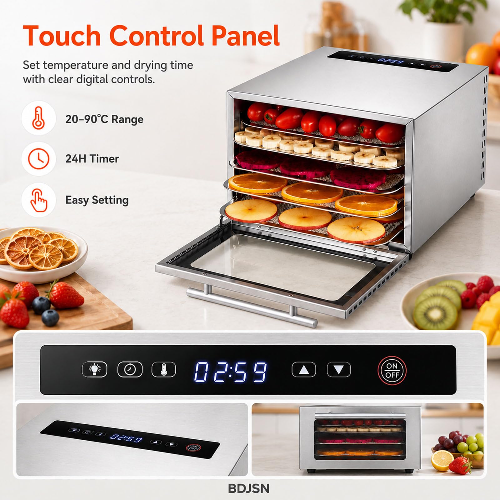 Deshidratador De Alimentos, Secador De Acero Inoxidable Con 5 Bandejas, Control Táctil Digital, Temperatura Ajustable De 20–90 °c, Temporizador De 24 H Y Puerta De Vidrio Para Carne Seca, Hierbas