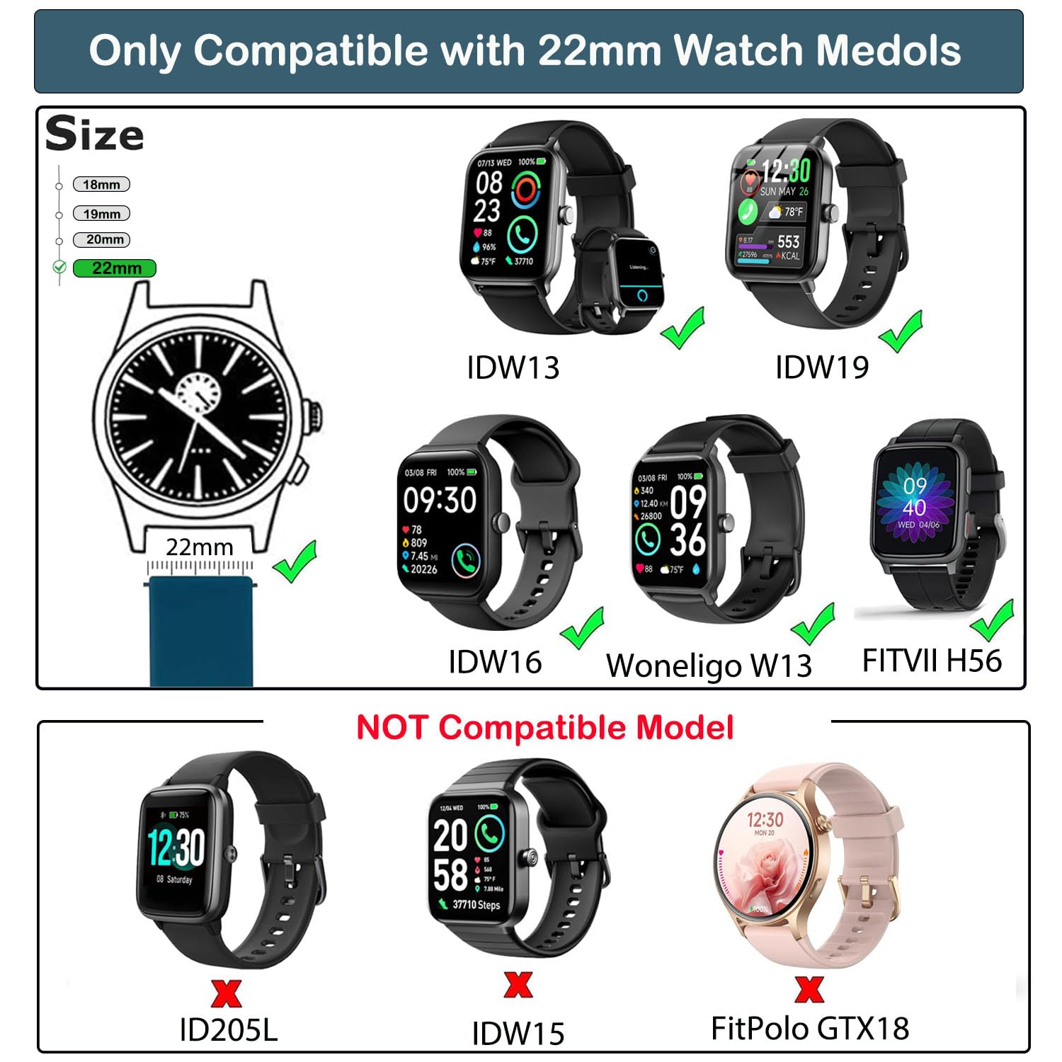 ViCRiOR Paquete de 3 correas compatibles con Woneligo/Fitpolo Smart Watch IDW13, correa de repuesto de silicona suave de 22 mm para reloj FITVII H56/ENOMIR ID208BT/TOOBUR IDW16/MILOUZ IDW19 para