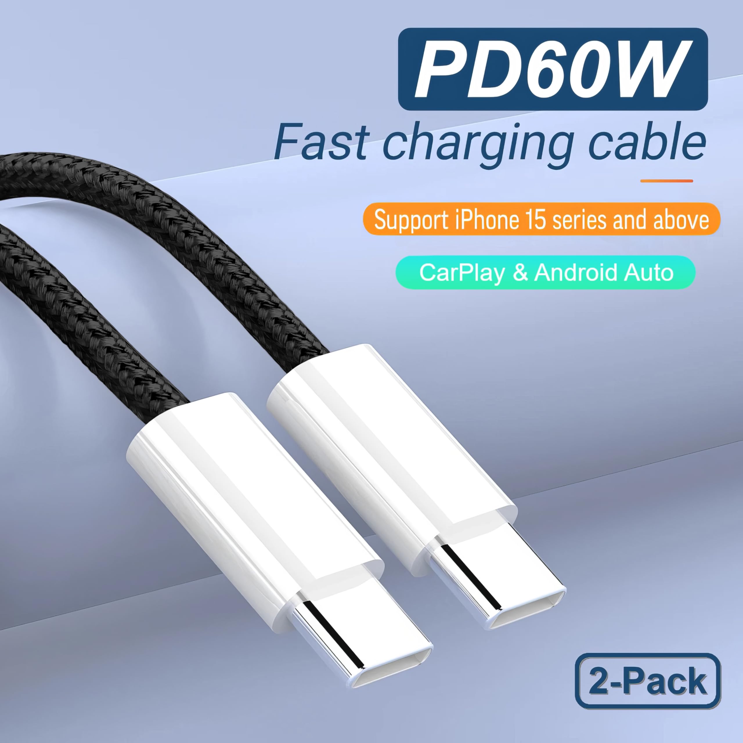 Confezione da 2 cavi di ricarica rapida da USB C a USB C, cavo intrecciato di tipo C per iPhone 15/16/Pro/Max, iPad Pro/Air/Mini, MacBook, Galaxy S24/S23/S22, Pixel 7/6-60 W, cavo di ricarica durevole